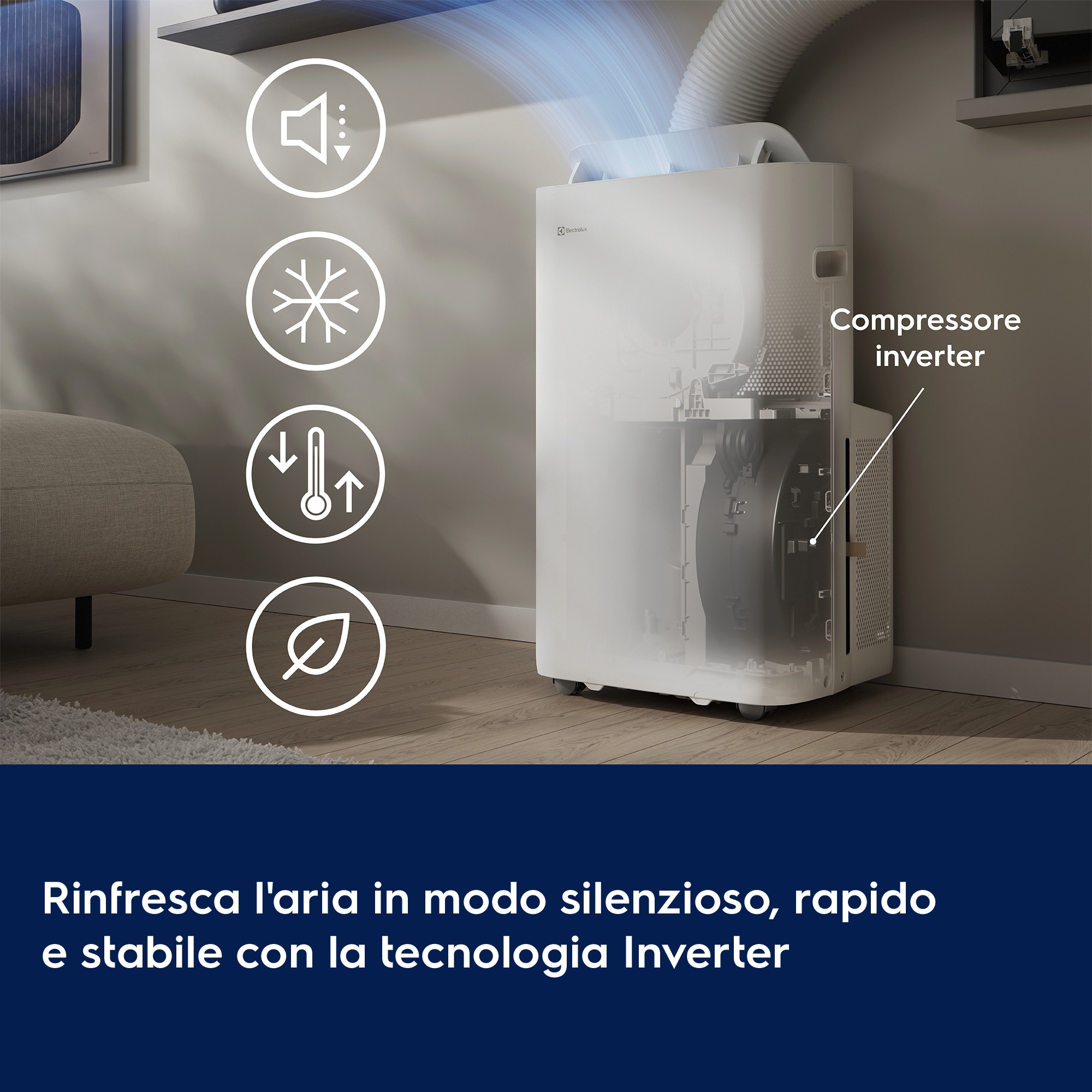 Rinfresca l'aria in modo silenzioso, rapido e stabile con la tecnologia Inverter      Compressore inverter