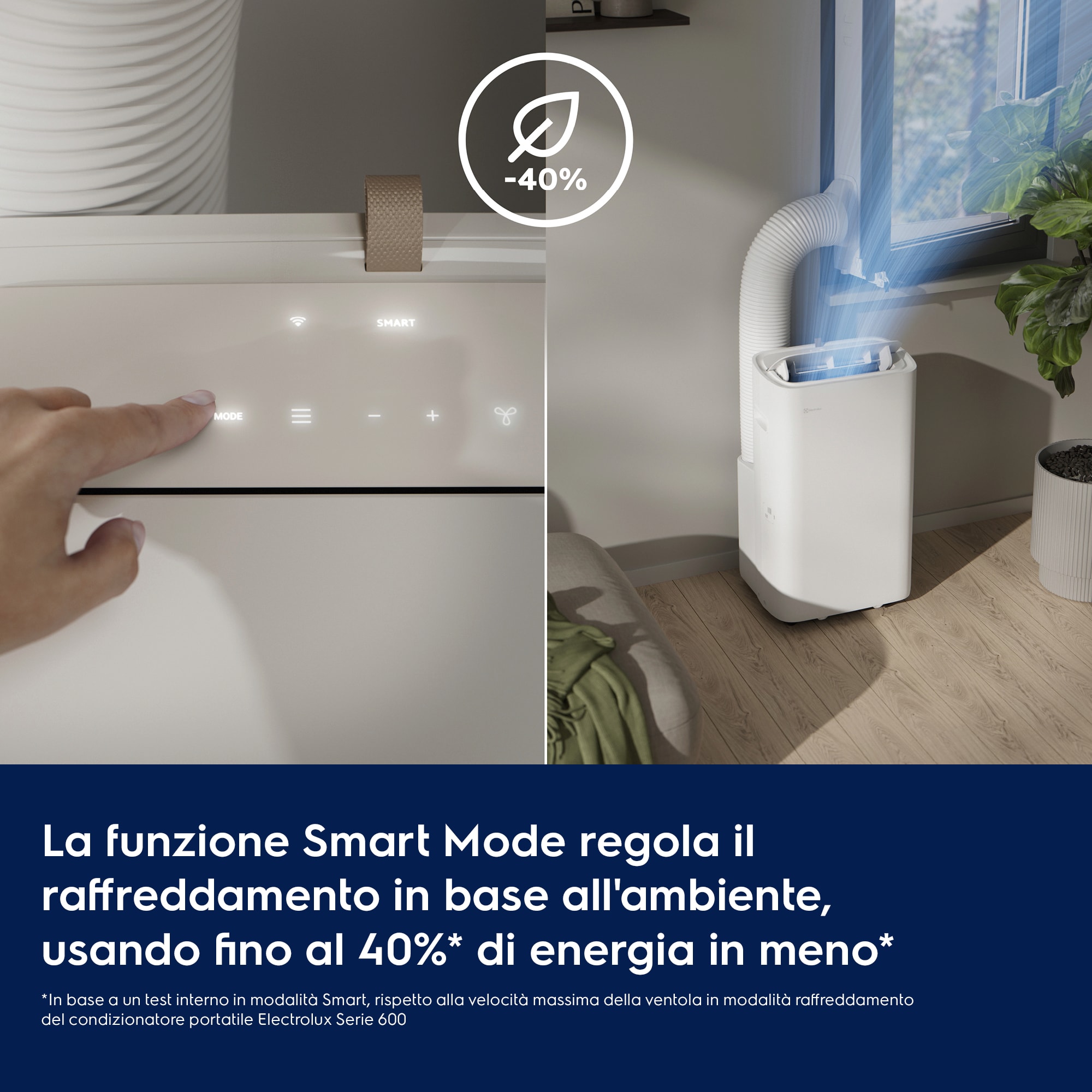 La funzione Smart Mode regola il raffreddamento in base all'ambiente, usando fino al 40%* di energia in meno*     *In base a un test interno in modalità Smart, rispetto alla velocità massima della ventola in modalità raffreddamento del condizionatore portatile Electrolux Serie 600 -0.4