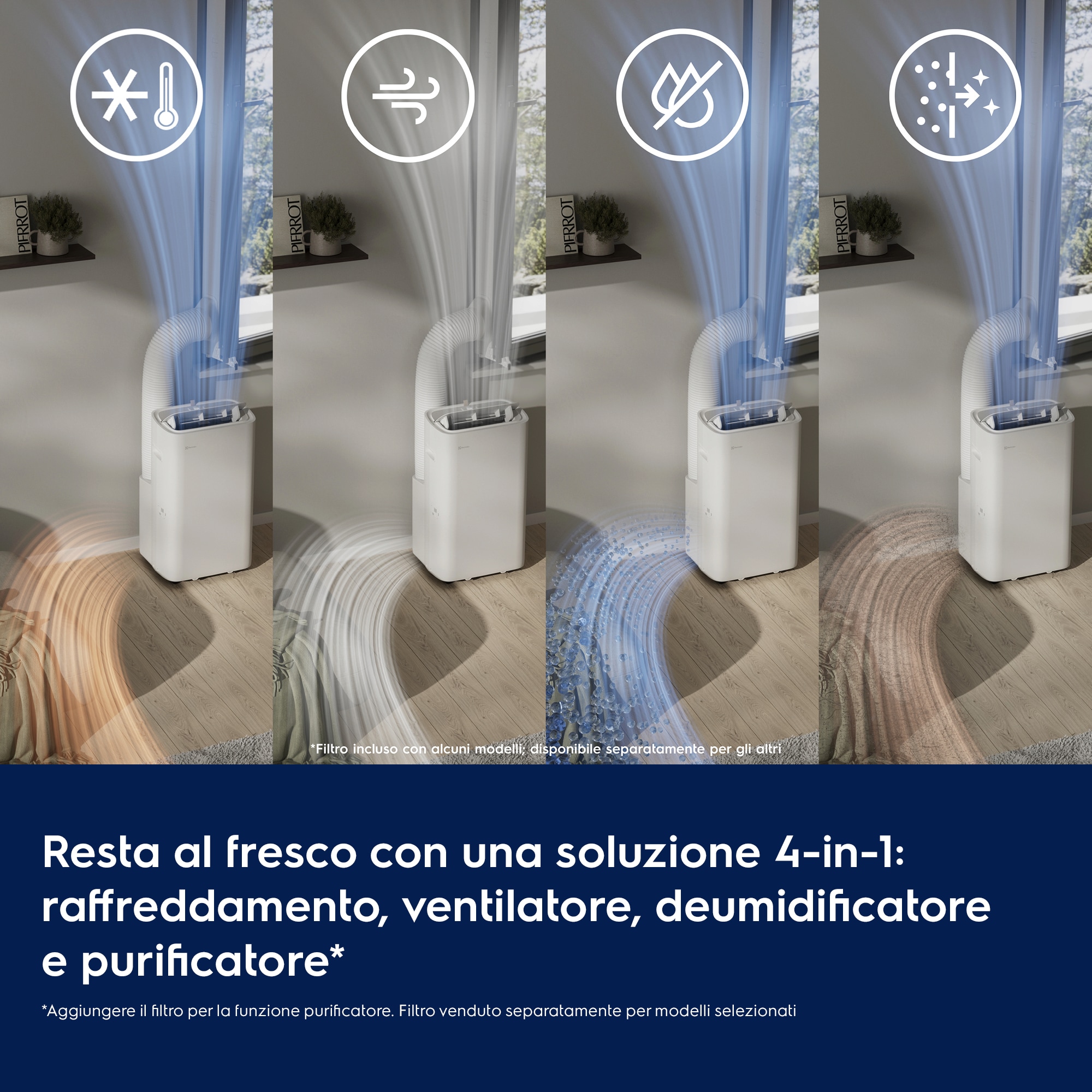 Resta al fresco con una soluzione 4-in-1: raffreddamento, ventilatore, deumidificatore e purificatore*     *Aggiungere il filtro per la funzione purificatore. Filtro venduto separatamente per modelli selezionati *Filtro incluso con alcuni modelli; disponibile separatamente per gli altri.
