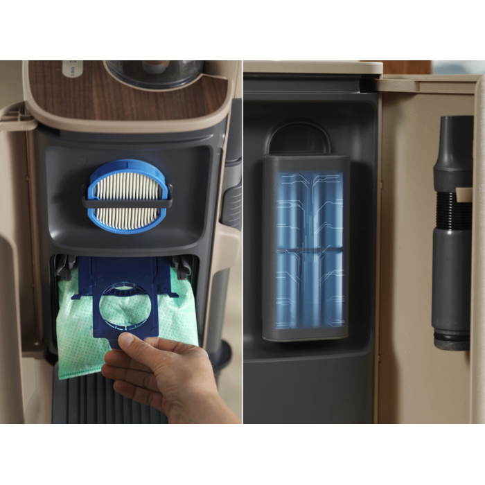 All -in-1 Station - stores extra battery charging, filter and hose for filter cleaning 