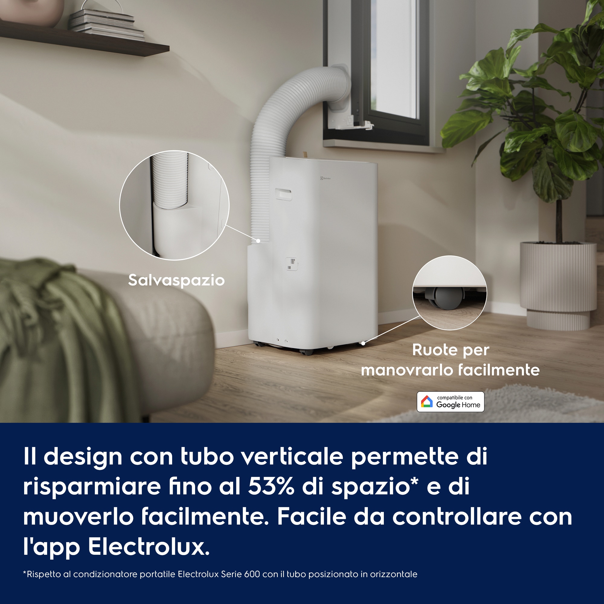 Il design con tubo verticale permette di risparmiare fino al 53% di spazio* e di muoverlo facilmente. Facile da controllare con l'app Electrolux.     *Rispetto al condizionatore portatile Electrolux Serie 600 con il tubo posizionato in orizzontale Salvaspazio Ruote per manovrarlo facilmente compatibile con Google Home