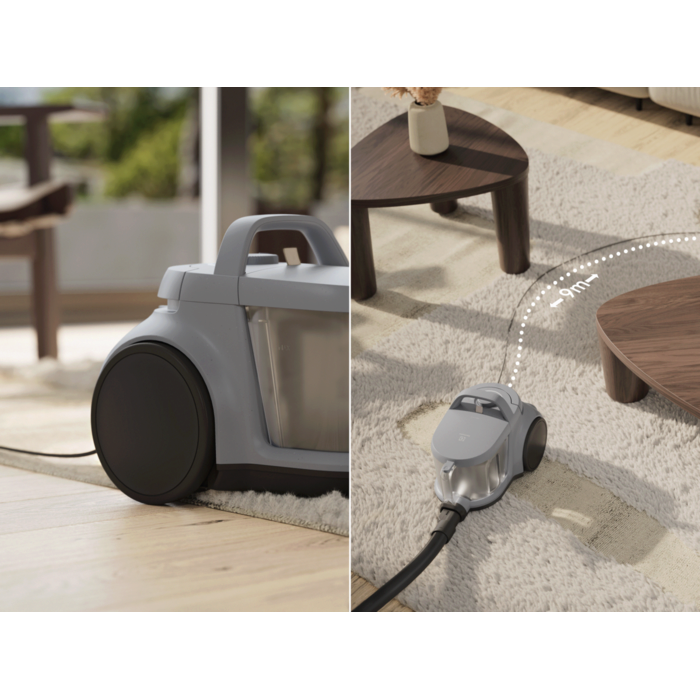 Easy to move, Easy to store, Big wheels and 9m cord for high mobility. Compact for easy storage