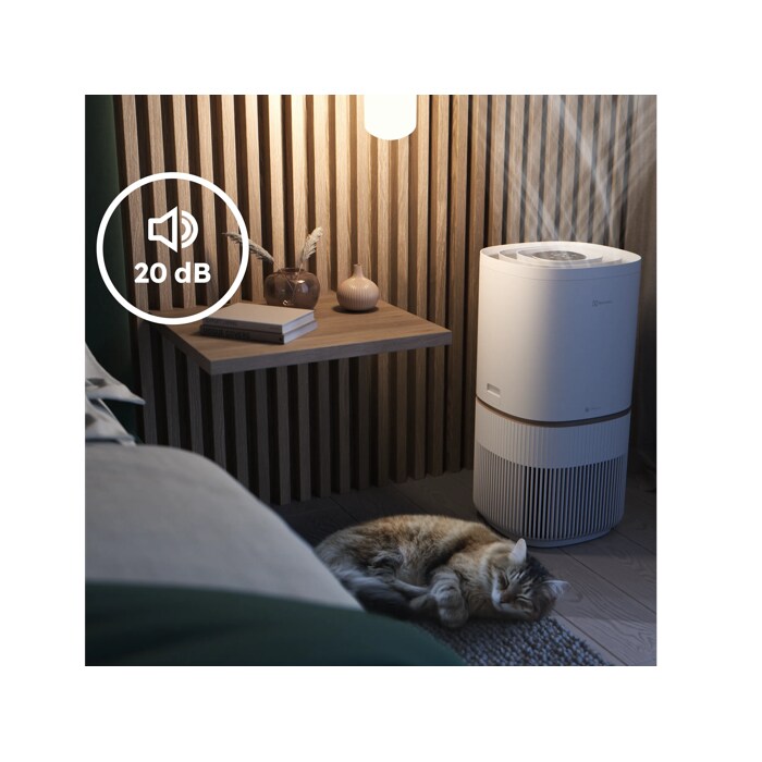 Air purifier providing cleaner air day and night with quiet Sleep Mode down to 20 dB.