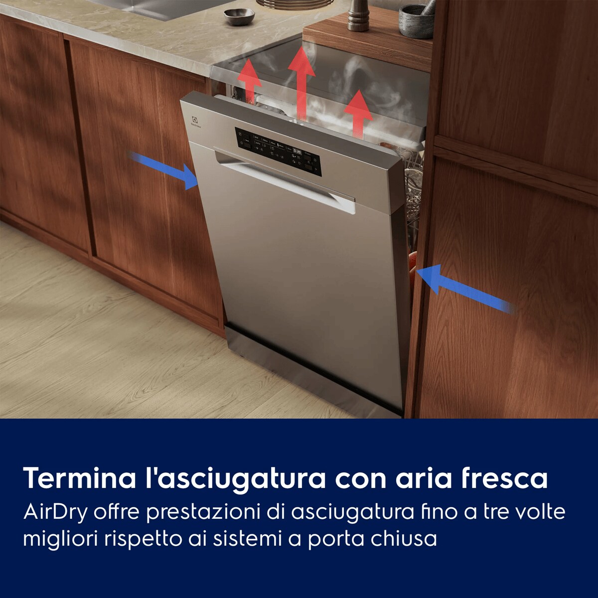 Termina l'asciugatura con aria fresca AirDry offre prestazioni di asciugatura fino a tre volte migliori rispetto ai sistemi a porta chiusa