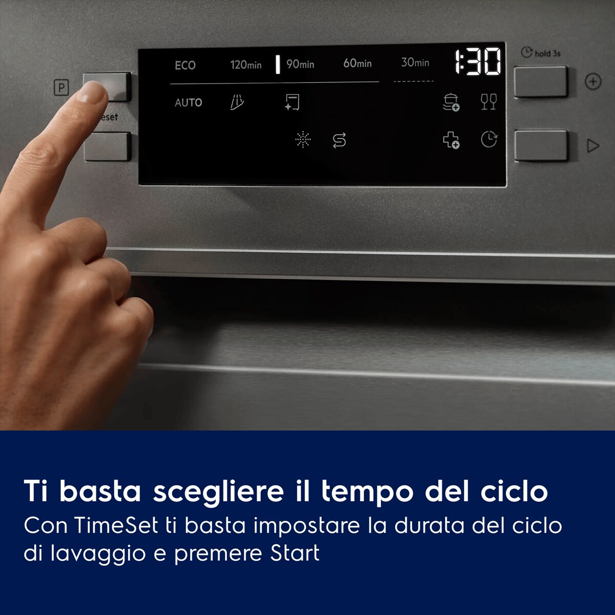 Ti basta scegliere il tempo del ciclo Con TimeSet ti basta impostare la durata del ciclo di lavaggio e premere Start