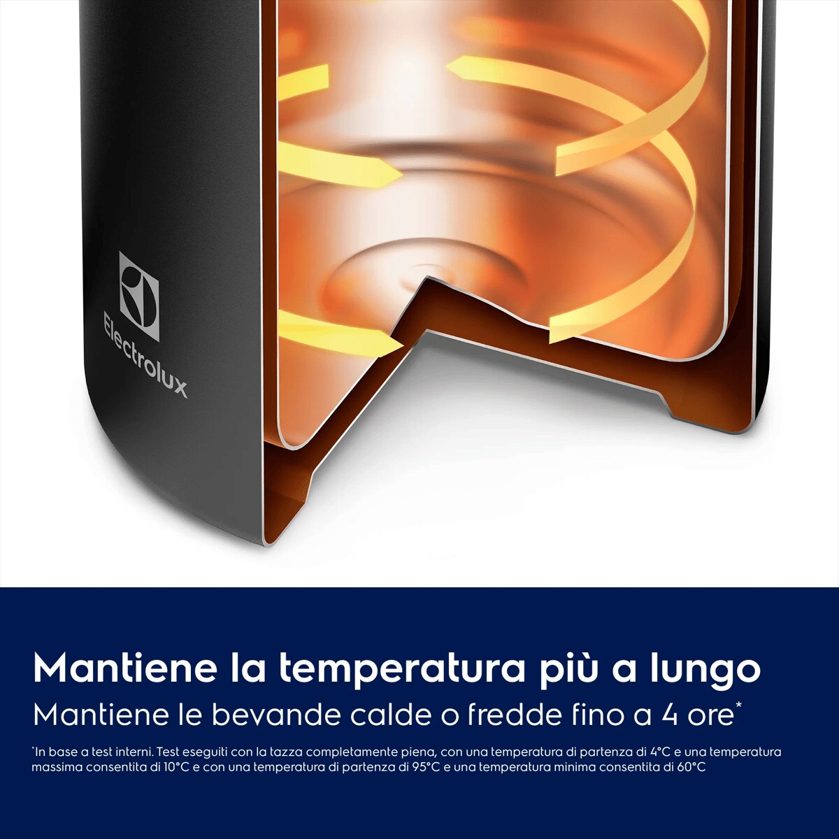 Mantiene la temperatura più a lungo Mantiene le bevande calde o fredde fino a 4 ore*    *In base a test interni. Test eseguiti con la tazza completamente piena, con una temperatura di partenza di 4°C e una temperatura massima 
consentita di 10°C e con una temperatura di partenza di 95°C e una temperatura minima consentita di 60°C.