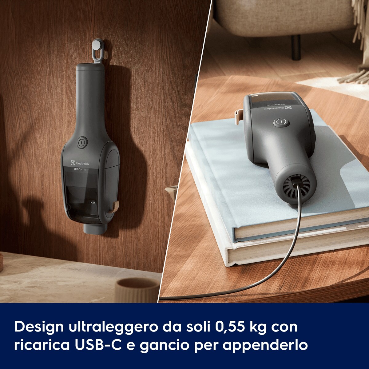 Design ultraleggero da soli 0,55 kg con ricarica USB-C e gancio per appenderlo