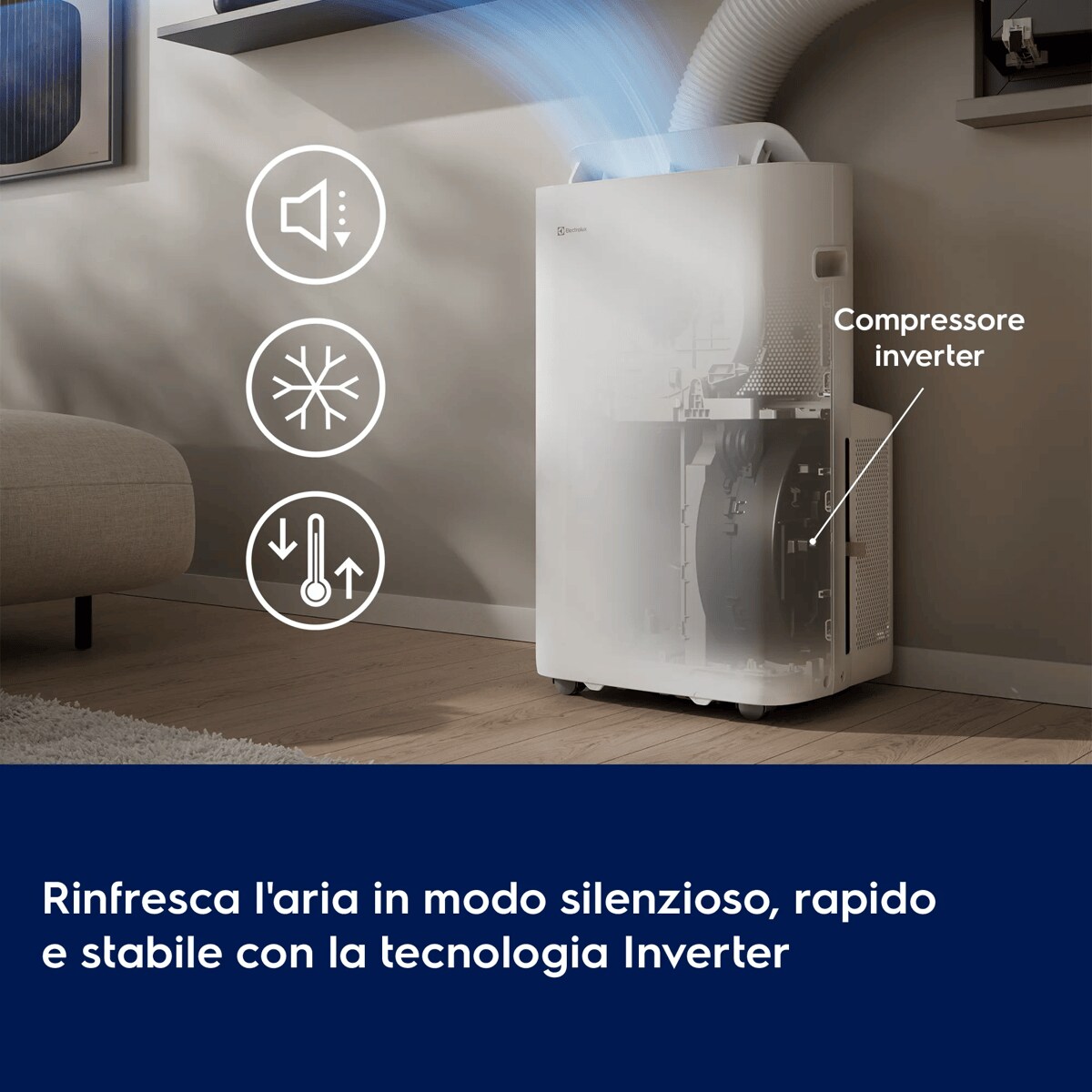 Rinfresca l'aria in modo silenzioso, rapido e stabile con la tecnologia Inverter      Compressore inverter