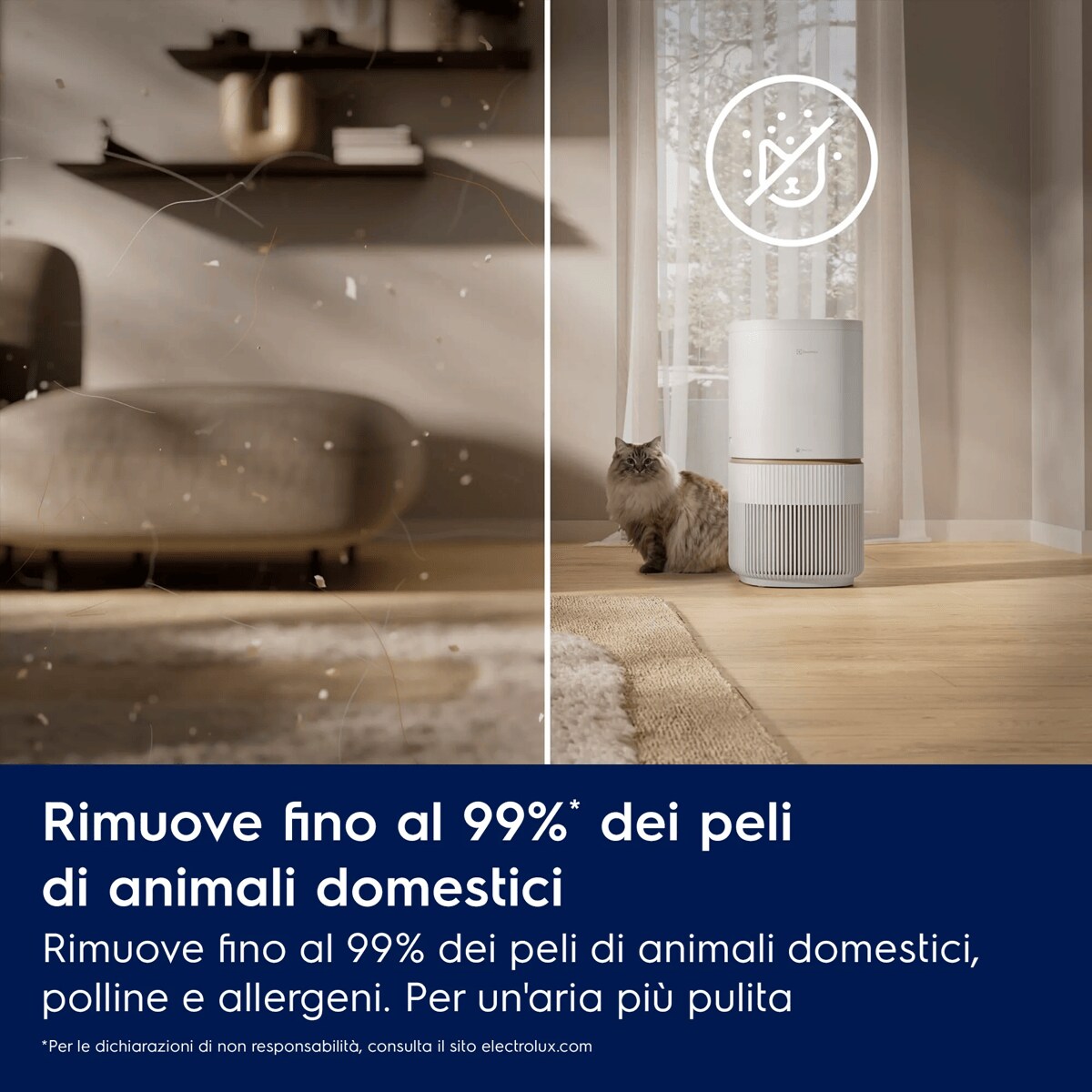 Rimuove fino al 99%* dei peli di animali domestici Rimuove fino al 99% dei peli di animali domestici, polline e allergeni. Per un'aria più pulita.    *Per le dichiarazioni di non responsabilità, consulta il sito electrolux.com