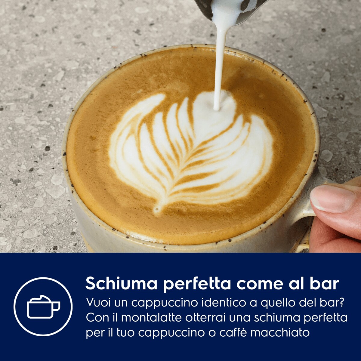Schiuma perfetta come al bar Vuoi un cappuccino identico a quello del bar? Con il montalatte otterrai una schiuma perfetta per il tuo cappuccino o caffè macchiato
