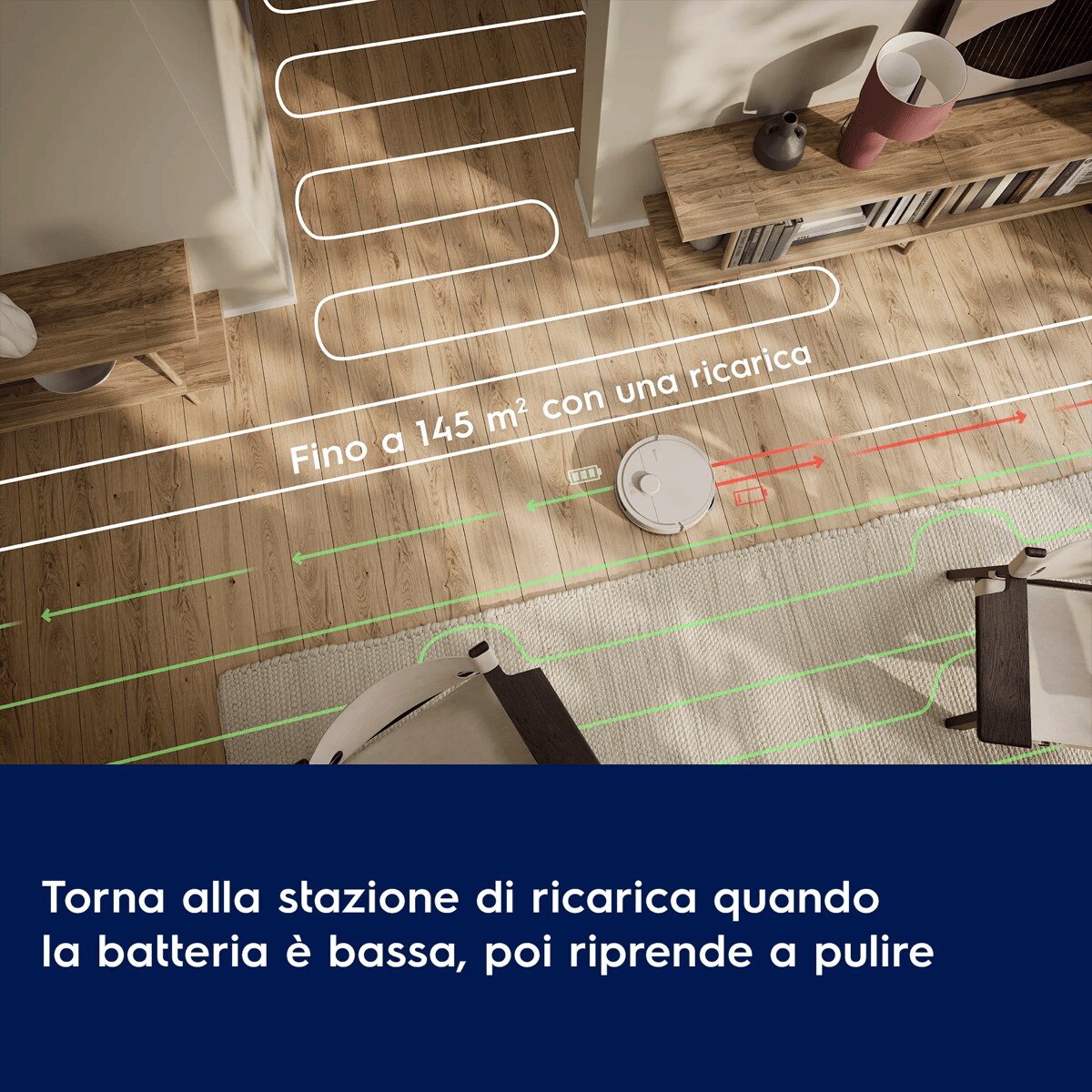 Torna alla stazione di ricarica quando la batteria è bassa, poi riprende a pulire      Fino a 145 m2 con una ricarica