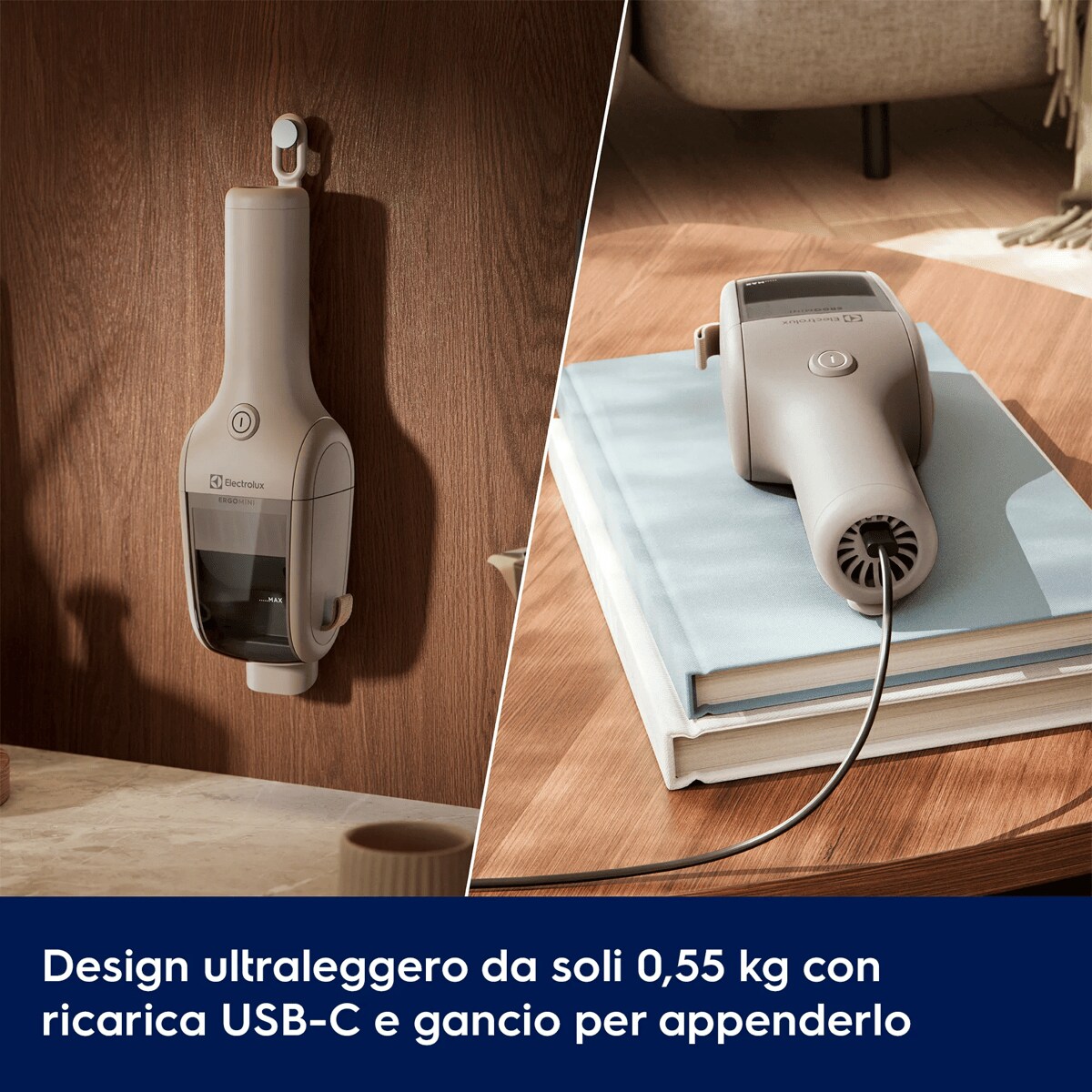 Design ultraleggero da soli 0,55 kg con ricarica USB-C e gancio per appenderlo