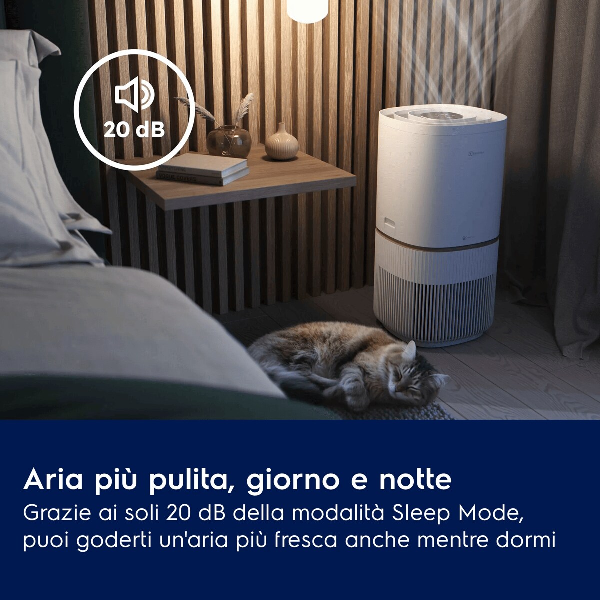 Aria più pulita, giorno e notte Grazie ai soli 20 dB della modalità Sleep Mode, puoi goderti un'aria più fresca anche mentre dormi     20 dB